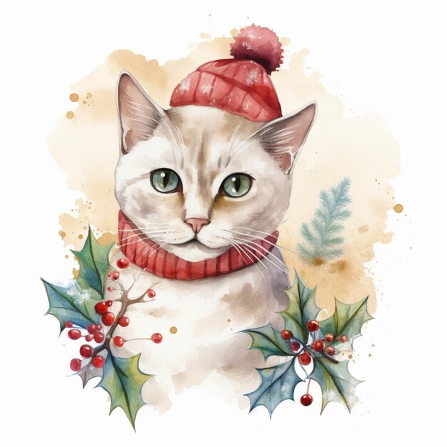 there is a cat wearing a red hat and scarf generative ai