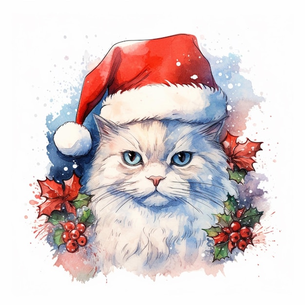 There is a cat wearing a santa hat and holly leaves generative ai