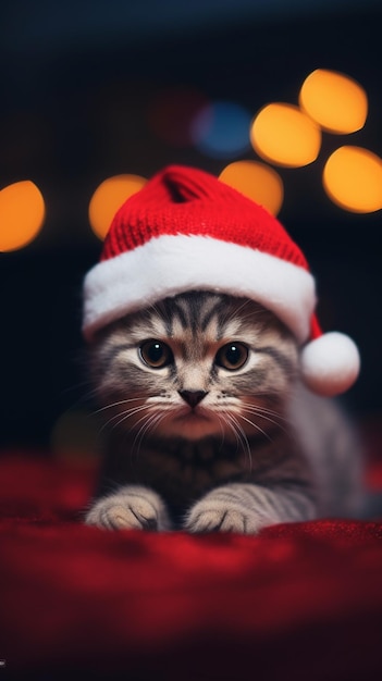 There is a cat wearing a santa hat on a red blanket generative ai