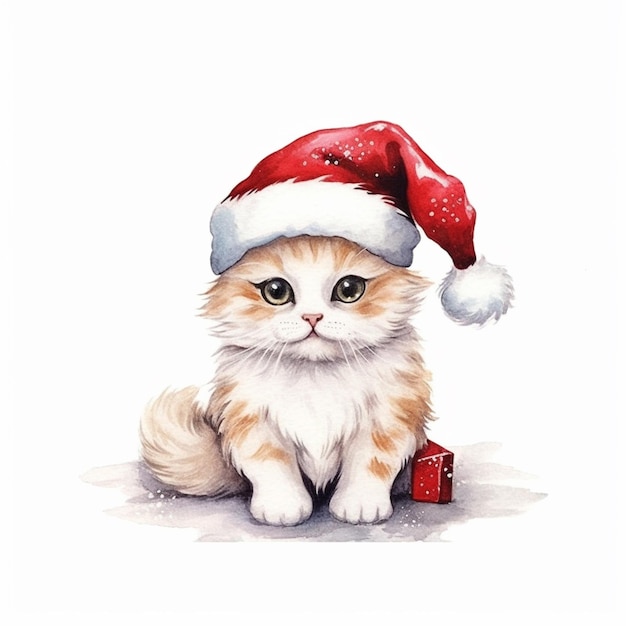 there is a cat wearing a santa hat sitting next to a present generative ai