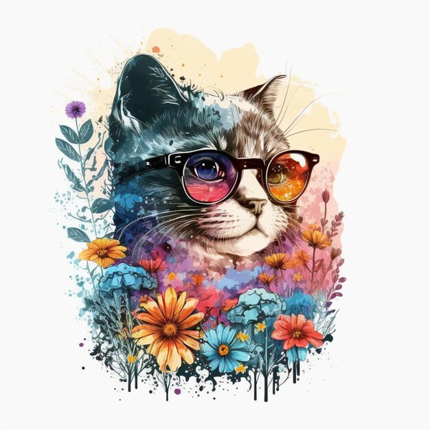 there is a cat wearing sunglasses and a flowered shirt generative ai