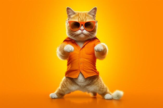 There is a cat wearing sunglasses and a shirt on a yellow background generative ai