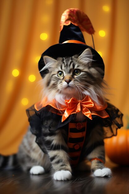 Photo there is a cat wearing a witch costume sitting on a table generative ai