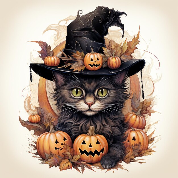 There is a cat wearing a witch hat and pumpkins generative ai