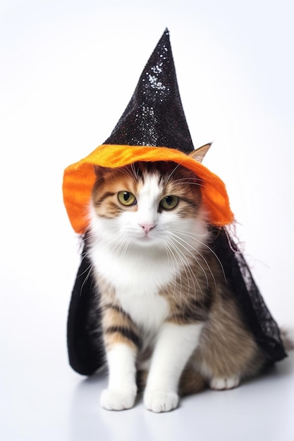 There is a cat wearing a witch hat and sitting on the floor generative ai