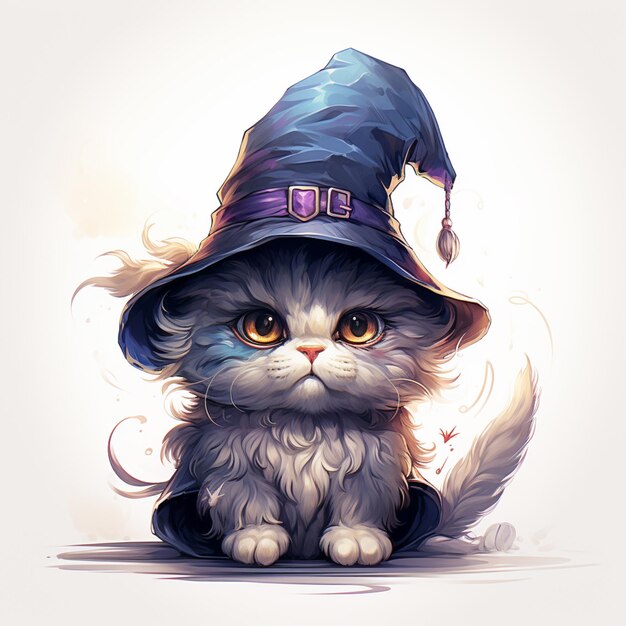 На земле сидит кошка в шляпе ведьмы.