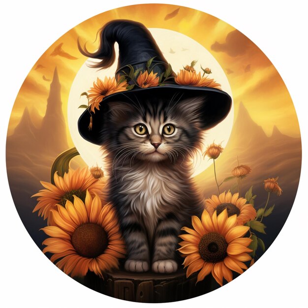 there is a cat wearing a witch hat sitting on a stump generative ai