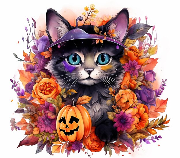 there is a cat wearing a witch hat and sitting in a wreath of flowers generative ai