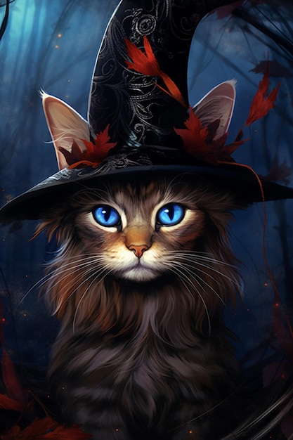 there is a cat wearing a witches hat in the woods generative ai