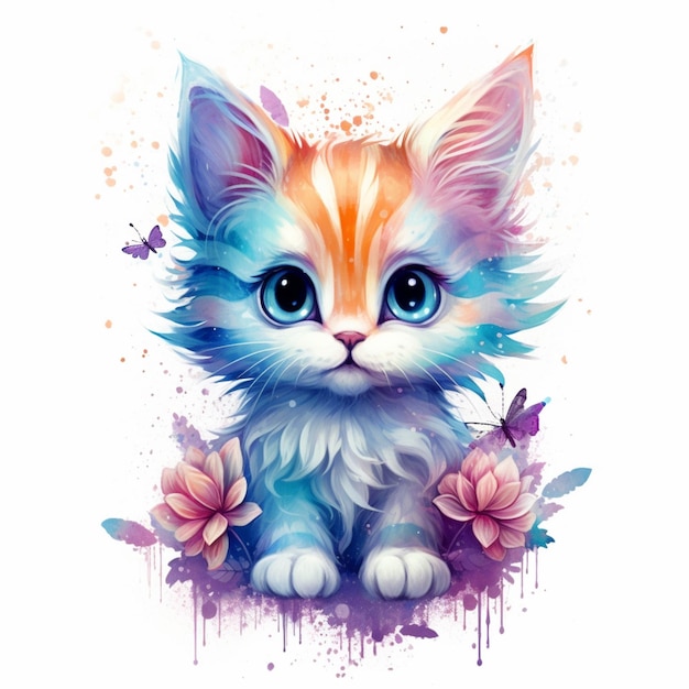 There is a cat with blue eyes and a colorful tail generative ai