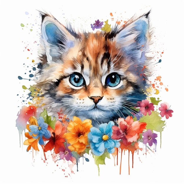 there is a cat with blue eyes and flowers on the head generative ai