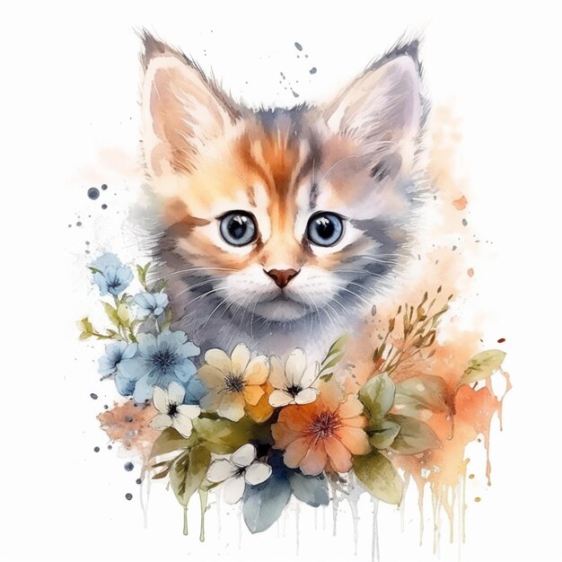 There is a cat with blue eyes and flowers on it generative ai