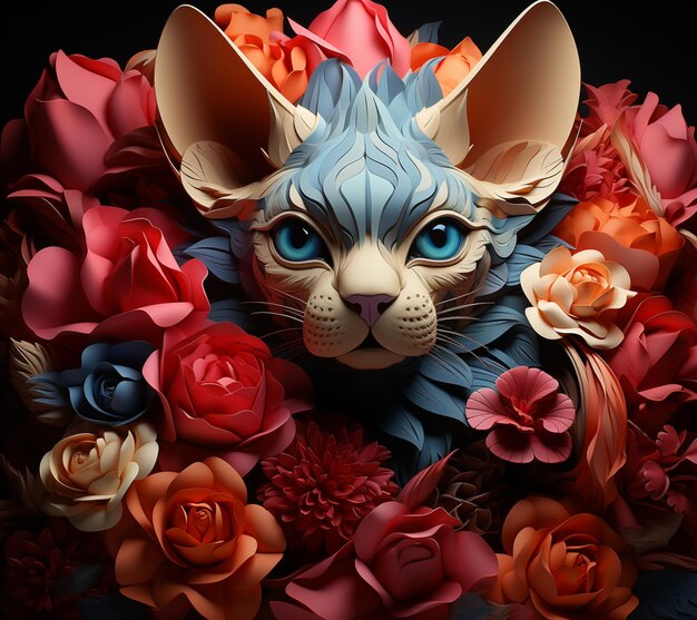 There is a cat with blue eyes and a wreath of flowers generative ai