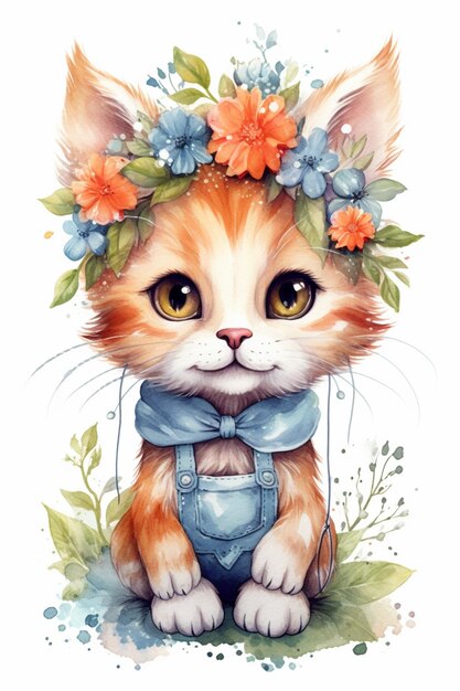 there is a cat with a flower crown on its head generative ai