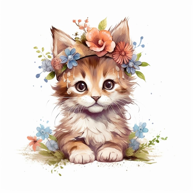 There is a cat with a flower crown on its head generative ai