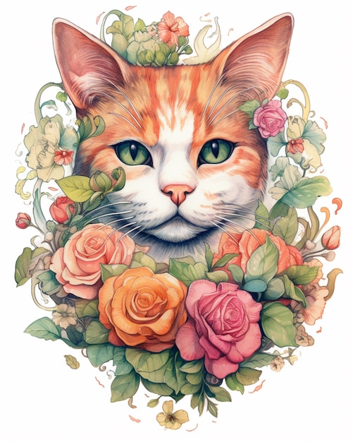 there is a cat with flowers around its neck generative ai