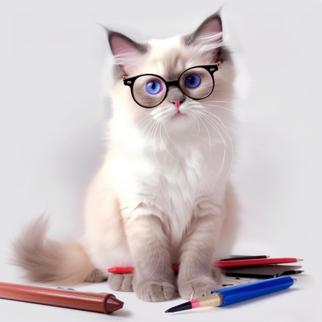 Photo there is a cat with glasses and pencils on a table generative ai