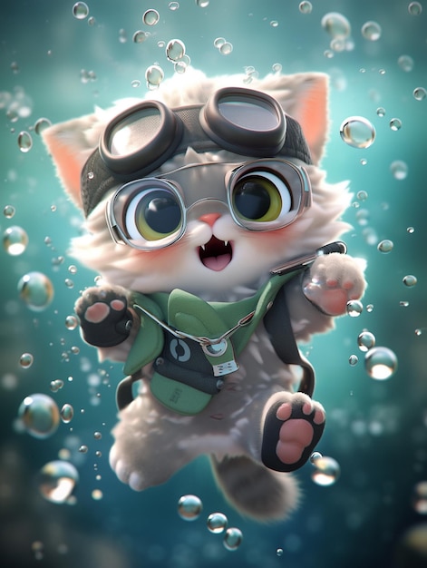 there is a cat with goggles and a jacket floating in the water generative ai