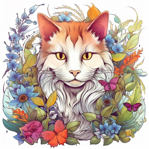 There is a cat with a long hair and a flower wreath generative ai