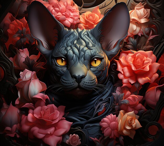 There is a cat with yellow eyes and a black collar surrounded by flowers generative ai