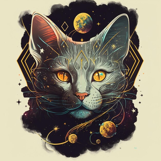 there is a cat with yellow eyes and a star in the background generative ai