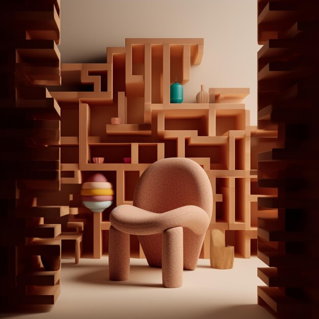 there is a chair and a bowl in a room with wooden shelves generative ai