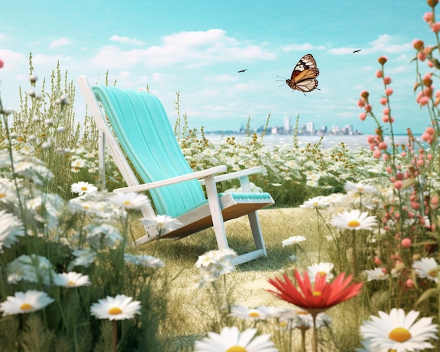 there is a chair in the middle of a field of flowers generative ai