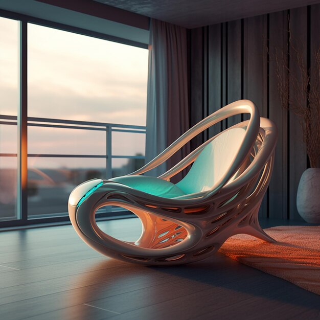 There is a chair that is sitting in front of a window generative ai