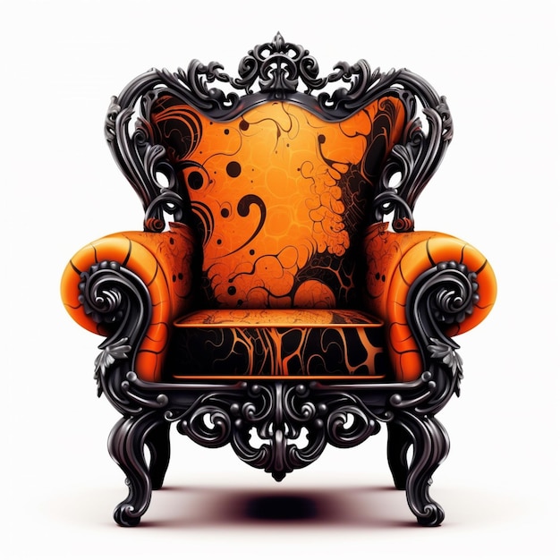 椅子の上に枕があり黒とオレンジのデザインで装飾されています