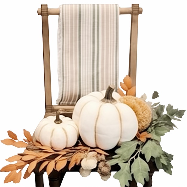 there is a chair with a white pumpkin and a white towel on it generative ai