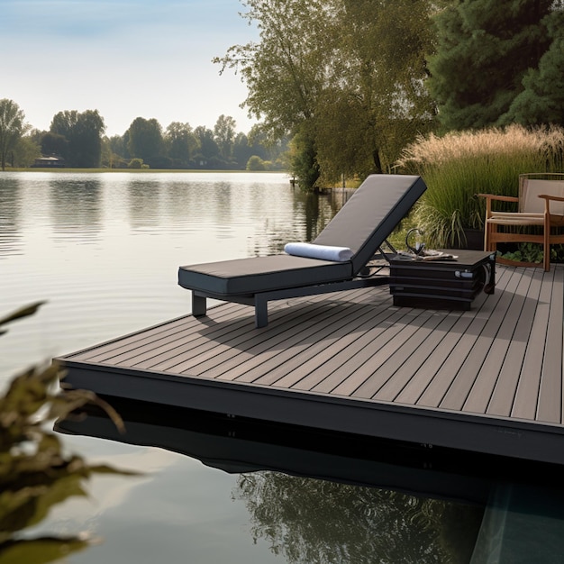 there is a chaise lounger on a deck overlooking a lake generative ai