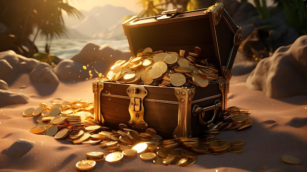 there is a chest full of gold coins on a beach Generative AI