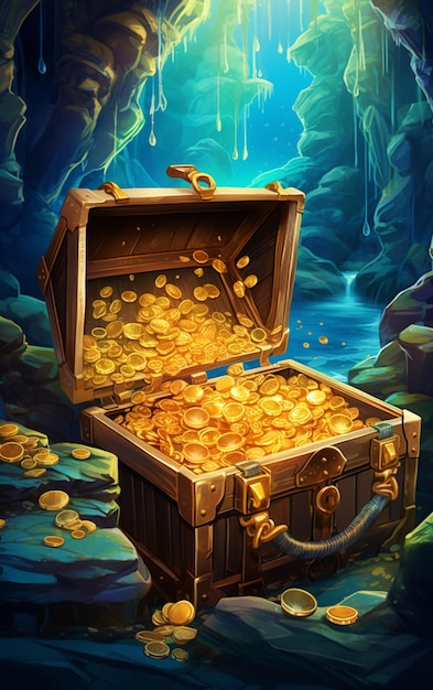 There is a chest full of gold coins in a cave generative ai