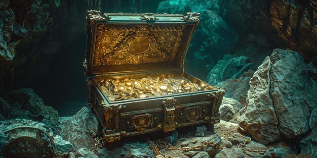 Photo there is a chest with gold coins in the middle of a cave generative ai