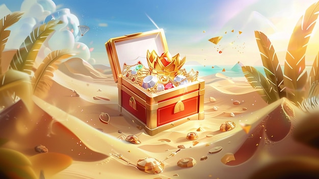 Photo there is a chest with jewels and golds in the sand generative ai