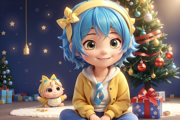 There is a chibi who wearing blue hairband on her yellow short hair Xmas smile Xmas tree present gift