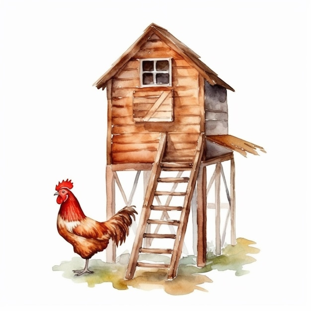 There is a chicken standing in front of a wooden structure generative ai