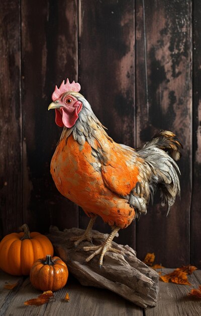 There is a chicken standing on a piece of wood with a pumpkin generative ai