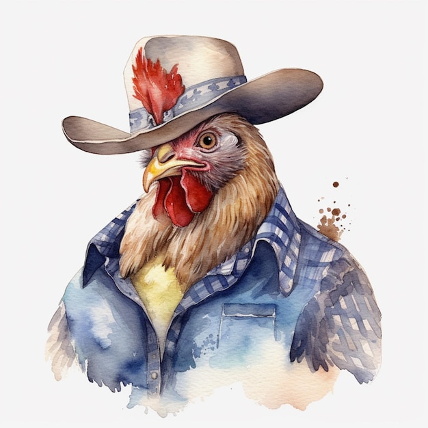 Photo there is a chicken wearing a cowboy hat and a blue shirt generative ai