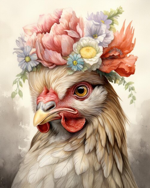 There is a chicken with a flower crown on its head generative ai