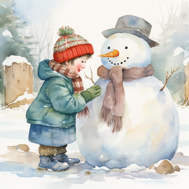 There is a child that is building a snowman in the snow generative ai