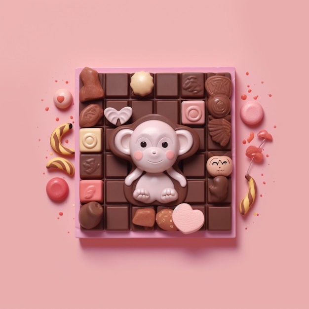 there is a chocolate bar with a monkey on it surrounded by candy generative ai