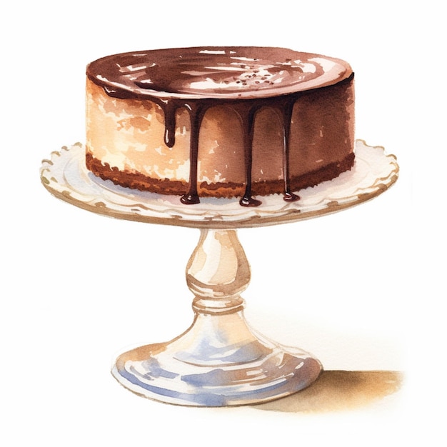 There is a chocolate cake on a glass cake stand generative ai