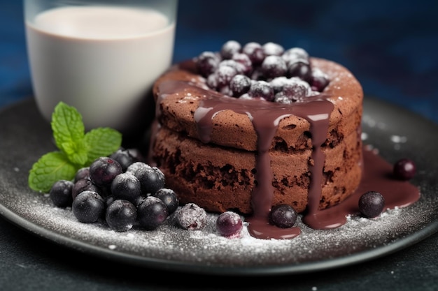 ブルーベリーとチョコレートケーキとミルクのグラスがあります