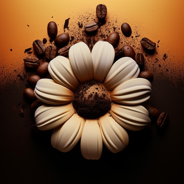 there is a chocolate flower with coffee beans and coffee beans around it generative ai