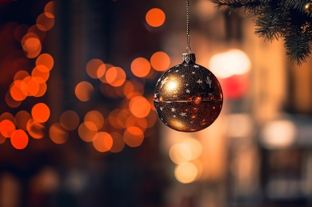 There is a christmas ornament hanging from a tree with lights in the background generative ai