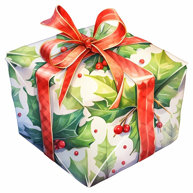there is a christmas present wrapped in a paper with holly leaves and red ribbon generative ai