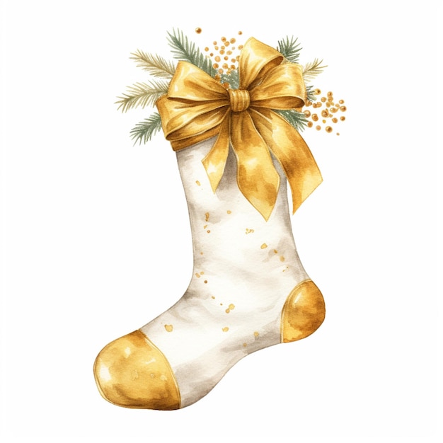 there is a christmas stocking with a gold bow and a pine branch generative ai