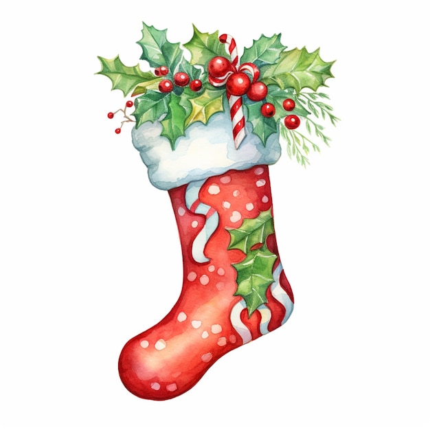 there is a christmas stocking with holly leaves and candy canes generative ai