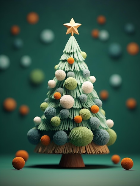 There is a christmas tree made of yarn balls and a star generative ai